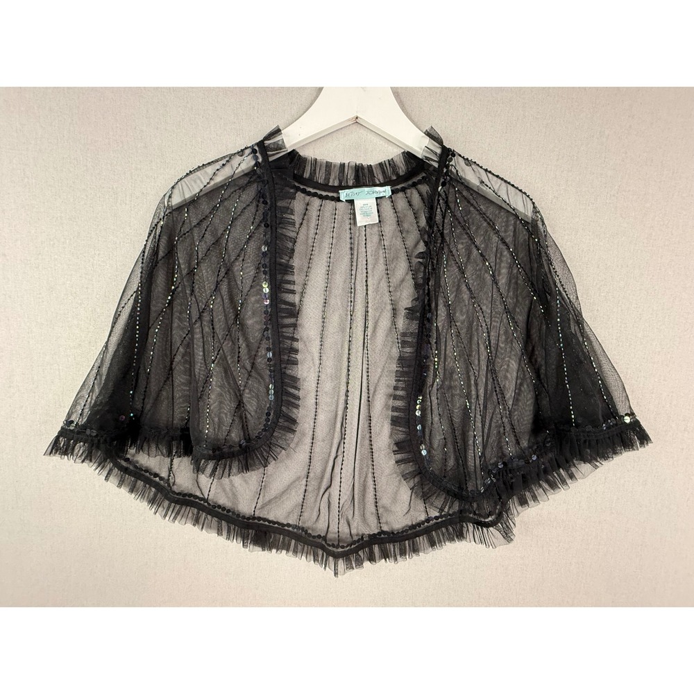 Betsey Johnson Bolero Women OS Black Sheer Mesh Sequin Ruffle Shrug Cape READ